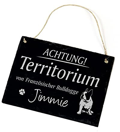 Französische Bulldogge Schild Wunschname graviert - Achtung ! Territorium von .. Schiefer Warnschild Hund Türschild 22x16cm | Dekolando