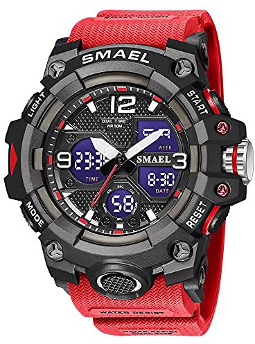 SMAEL Herren-Armbanduhr, Militär, Outdoor, wasserdicht, Sport-Armbanduhr, Datum, Multifunktions-LED-Wecker, Stoppuhr, digitale Uhren für Herren, Rot/Ausflug, einfarbig (Getaway Solids), Large Face,