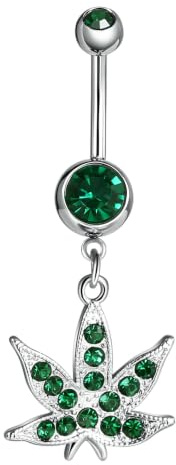 Daesar 14G Bauchnabelpiercing Stablänge 10MM, Bauchnabelpiercing Chirurgenstahl Silber Schwarz Ahornblatt Anhänger mit Grün Zirkonia Körperpiercing Nabelring Bauchnabelring