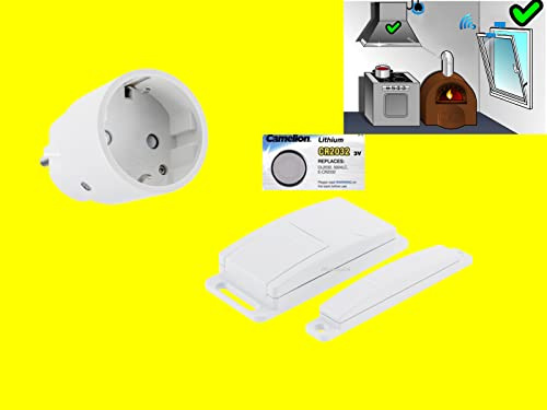 JKshop24 FUNK ABLUFTSTEUERUNG High-Tech-Abluft-Set Dunstabzugshaube Fensterkontaktschalter | 2300W Power-MINI-Zwischenstecker + Fenstersensor +1x Ersatzbatterie -EINSATZFERTIG ANGELERNT-