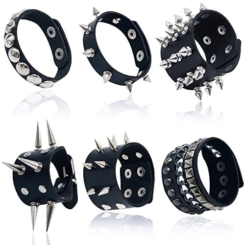 Qinsihwn 6 Pieces Punk Studded Bracelet Goth Bracelet Leather Rivets Spike Bracelets Cuff Adjustable Metal Wristband Gothic Accessories for Men Women Halloween