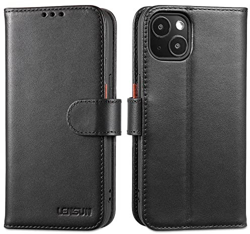 LENSUN Echtleder Hülle für iPhone 13 5G, Handyhülle [Echtes Leder][Magnetverschluss][RFID Schutz] Handytasche Lederhülle Klappbar Kompatibel mit iPhone 13 - Schwarz