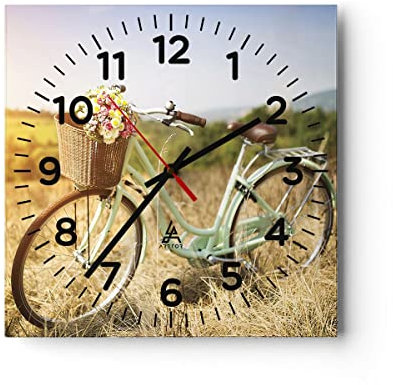 Modern Wanduhr Fahrrad Wiese Blumen 40x40cm Quadrat Groß Wand Uhr Glas Analog Zimmeruhren Küche Büro Wohnzimmer Glasuhr Wall Clock Dekoration Design Wanddekoration Küchenuhr C4AC40x40-4206