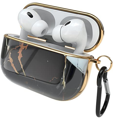 EAZY CASE - Schutzhülle für AirPods Pro 2 Hülle Schwarz Hard Case Stoßfest mit Karabiner geeignet als Schlüsselanhänger Antikratz Etui rutschfest Hardcase für Airpod Pro 2. Generation Marmor Schwarz