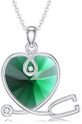 SLIACETE 925 Silber Stethoskop Herz Geburtsstein Halskette für Frauen Herz Österreichischer Kristall Anhänger Kette Stethoskop Schmuck Geschenke für Krankenschwestern Ärzte Medizinstudent, Mai