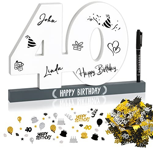 BOFUNX 40. Geburtstag Gästebuch + Geburtstag Konfetti + Stift, Holz Kreative 40. Geburtstag Geschenkidee für Frauen Männer Holz Andenken Tischdeko