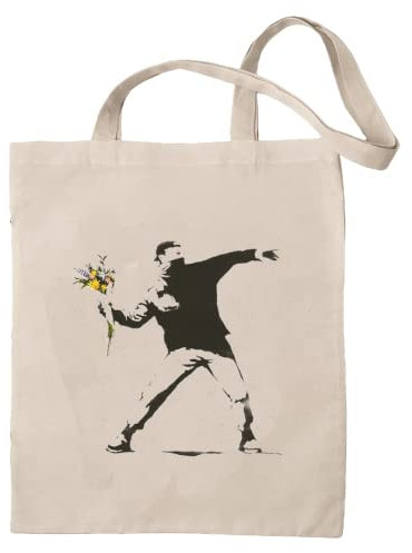 rainUP Banksy Blumenwerfer-Tasche, wiederverwendbar, 100 % Bio-Baumwolle, ideal für Einkaufen, Strand, Alltag – einzigartige Designs, beige, 37 x 41 cm