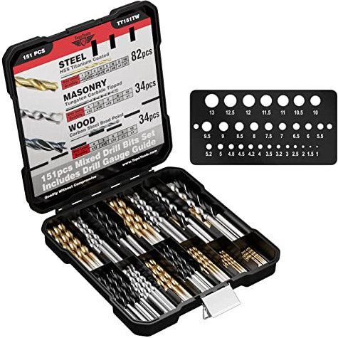 151 x TopsTools TT151TW 1mm-10mm Mix Size Steel Masonry Brad Point Drill Bits Storage Box Set for Wood Plastic Copper Brass Brick Concrete Compatible with Bosch Dewalt Makita and Many Others