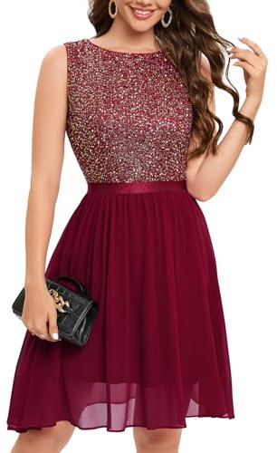 Bbonlinedress Festliches Kleid Damen Glitzer Rundhals Kleid Cocktail Brautkleid Pailletten Partykleid Abendkleider elegant Ballkleid Burgundy M