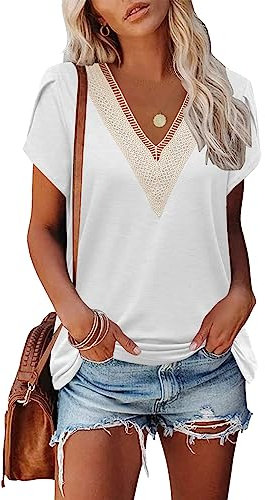 Famulily White Tee Shirts for Women UK, Womens Summer Tops V Neck Petal Sleeve, Casual (S, White)