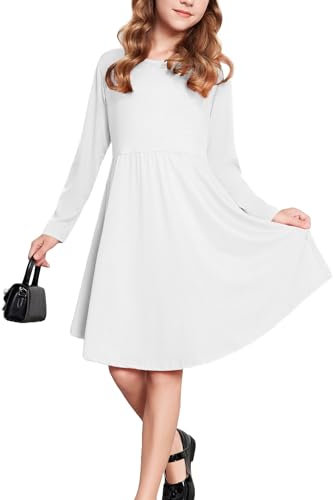 Parabler Robes à Manches Longues pour Fille Robe Blanche en Coton Uni Robe Trapèze Robes pour Enfants Robe de Fête avec Ourlet Irrégulier Automne Hiver Taille 13-14 Ans