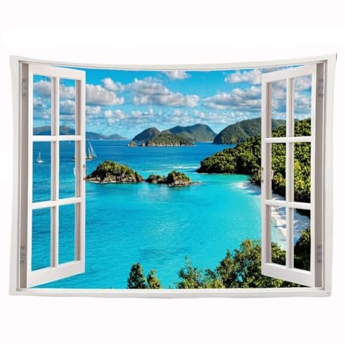 Ulticool – Durchsichtiges Fenster Meer Natur Strand Berge – Wandteppich Poster – 200 x 150 cm – Garten-Poster – Blau