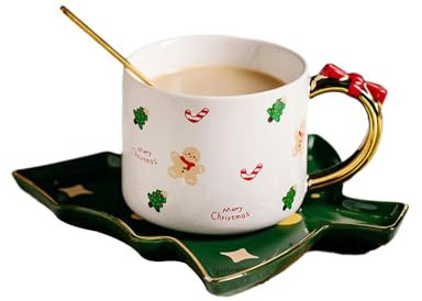 CAPIJIONG Taza de café exquisita de cerámica de Navidad de 250 ml/8.5 oz con cuchara chica creativa dibujos animados lindo taza hombre de jengibre