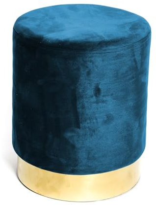 tex family - Pouf Repose-Pieds Cylindre | Velours Bleu Élégant | Bord Doré Raffiné | Polyvalent et Confortable | Charge Max 150 kg, Bleu, Diamètre 32 cm, Hauteur 40 cm