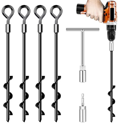 Ground Anchors Screw in, Heavy Duty Tent Stakes Trampoline Anchors 4Pack, Ground Anchors for Camping Tent, Canopies, Carports, Canopy, Sheds, Swing Sets,14in Ground Anchors for High Winds