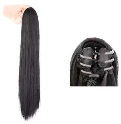 QKEPCY Klaue Clip Pferdeschwanz Extension, Lang Glattes Pferdeschwanz Haarteil Synthetik Haarverlängerung Zopf Haar Extension für Damen Mädchen (Braun Schwarz)