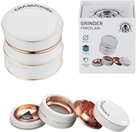 XL Porzellan Grinder Ø 46mm, 4-teilige Kräutermühle, Crusher Set für getrocknete Kräuter, Pollen, Blüten, Gewürze mit Pollenfach und Schaber Edel WEISS Diamant Zähne