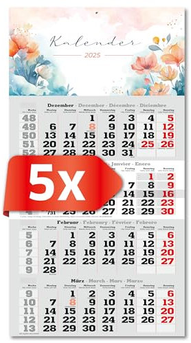 PRIMUS PRINT 4-Monats Einblockkalender 2025 - Wandkalender - Monatskalender mit Schieber - Blockkalender - inklusive Feiertagen - verschiedene Motive, verschiedene Sets - [ 5 x Blumen ]