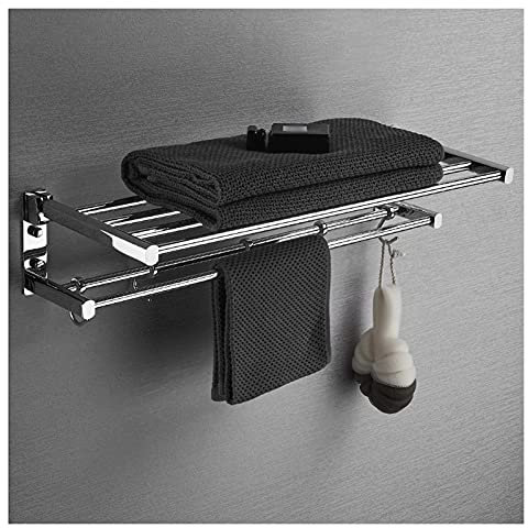 Étagères de Salle de Bain Étagères flottantes Porte-Serviettes de Bain Étagères de Salle de Bain de 23 Pouces, Double Porte-Serviettes Mural Pliable avec Barre à Serviettes, Crochets suppor