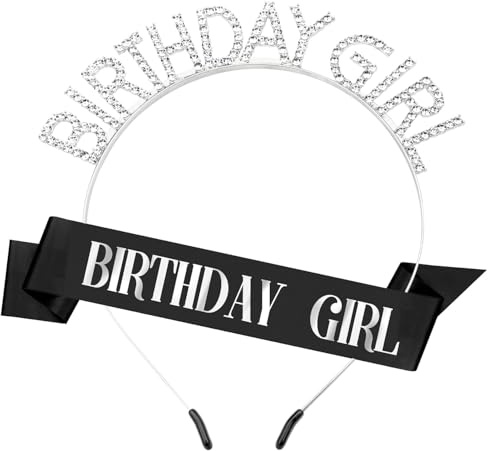 DRESHOW Birthday Girl Headband Tiara with Sash Princess Crown Rhinestone Happy Birthday Accessories for Women & Girls