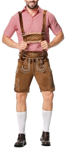 Gefomuofe Pantalon traditionnel bavarois en cuir véritable pour homme - Avec bretelles - Longueur genou - Pour la fête de la bière - Avec chemise, marron, XXL