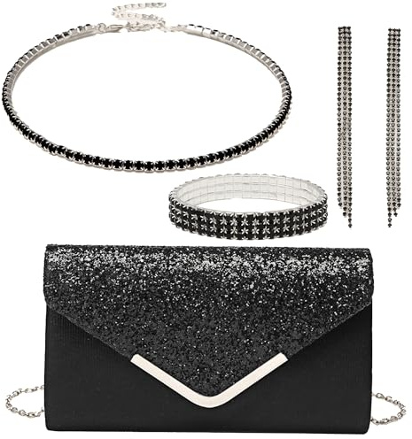 OUAYEMEL Borsa da donna con busta glitterata, paillettes, da sera, da sposa, da sposa, da ballo, da festa, a tracolla, elegante, set da 4 pezzi