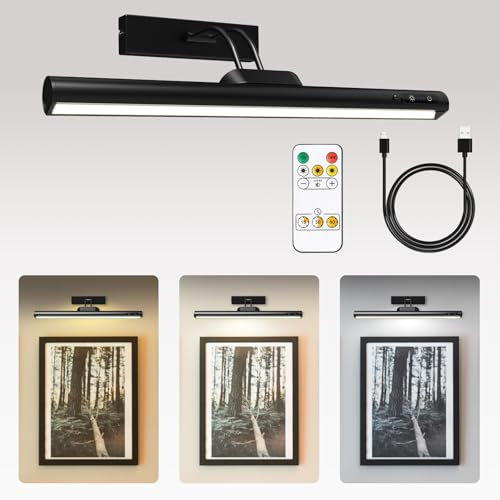Shulltji 15.74 Rechargeable Picture Lights for Wall, 4000mAh Rechargeable Battery Wall Lights with Remote, 3 Color Temps & Brightness & Timer, Suitable for Dartboard Photo Mirror Hallway (Black)