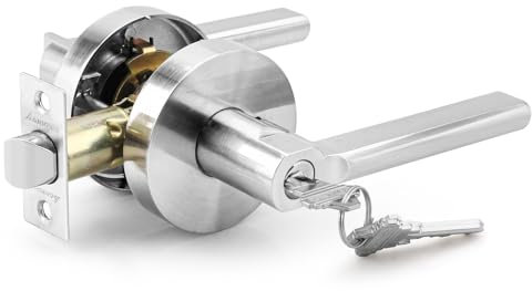 ANNFUZ Round Heavy Duty Entry Door Lever Handle Lock With Key for Office/Front Door,Entrance Interior Exterior Door Knob Hardware,Lockable,Not Keyed Alike,Reversible for Left/Right Side (Satin Nickel)