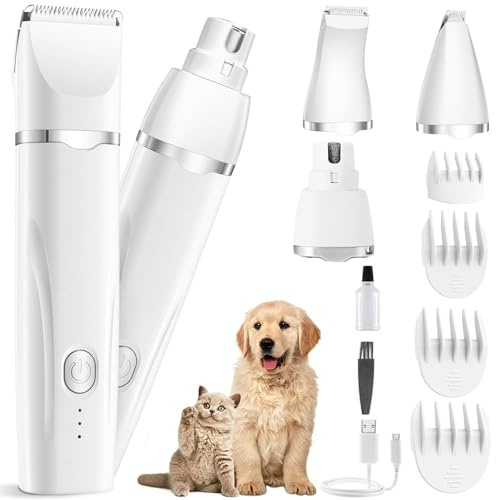 4 in 1 Leise Schermaschine Hund Katze Set, Wiederaufladbar Hundeschermaschine & Pfotentrimmer & Krallenschleifer mit 4 Multifunktions-Schneidköpfen für Pfoten, Augen, Ohren, Gesicht, Körper, IPX7 Wass