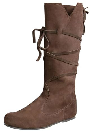 Stivali donna uomo donna primavera e inverno con tacco piatto suola spessa allacciatura gioco di ruolo medievale punta rotonda allacciatura tacco alto alluce valgo scarpe donna, marrone, 37 EU