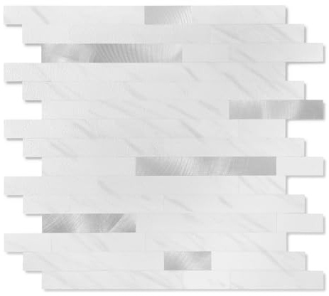 Yipscazo 10 Sheets Peel and Stick Stone Metal Tile Backsplash, Stick on Tiles for Backsplash Kitchen, Bathroom, Laundry Room, Camper, Fireplace (12'' X 12'', White Stone with Metal)
