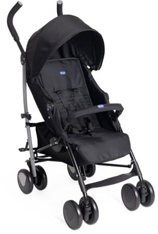 Chicco Echo Lite Kinderwagen, Buggy ab Geburt bis 22 kg, verstellbare Rückenlehne, geräumiger Sitz, Stoßstangenmanschette, faltbarer Regenschirm, Zwillingsbremsen und schwenkbare Vorderräder, Schwarz
