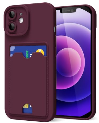 oakxco for iPhone 12 Mini Case with Card Holder, Cute Silicone Wallet Phone Case with Credit Card Slot, Soft Rubber Thin Slim Purse for Women Men with Camera Cover Protection, Burgundy Maroon