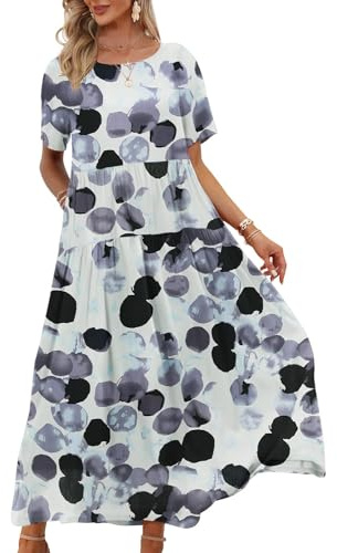 YESNO Women Dresses Casual Plus Size Bohemian Short Sleeve Floral Long Maxi Summer Beach Swing Dress/Pockets S EJFUK CR103