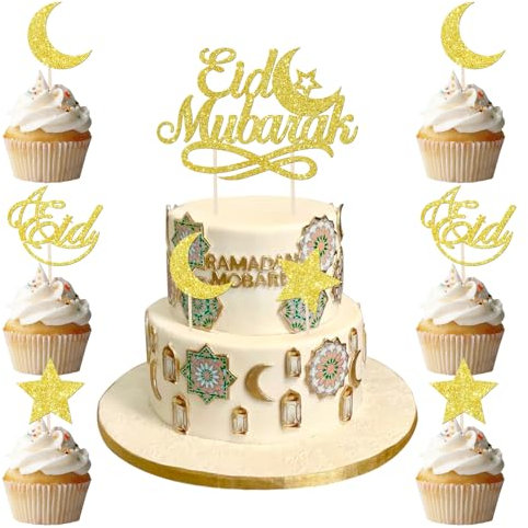 BOOMTOP 22Pcs Eid Mubarak Cake Topper Cupcake Toppers Ramadan Cake Decoration Gold Glitter Moon Stars Cupcake Toppers Muslim Cake Decoration