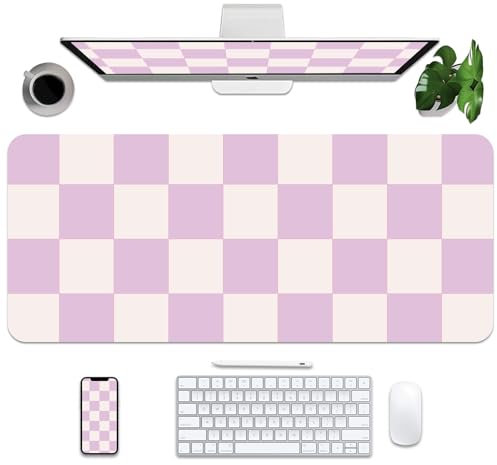 Grand tapis de bureau à carreaux 90 x 40 cm, tapis de souris en cuir synthétique, antidérapant, tapis d'écriture imperméable pour bureau et maison (90 x 40 cm, carreaux violets)