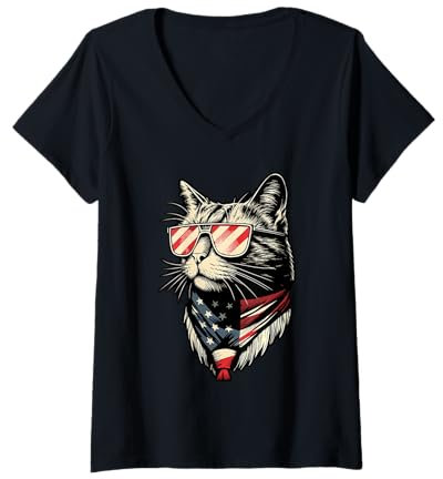 Damen Coole Katze mit Sonnenbrille und USA-Flagge Bandana T-Shirt mit V-Ausschnitt