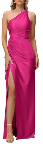 Vestidos de dama de honor de satén para mujer, vestidos largos de sirena, vestidos formales de fiesta de noche, con abertura, talla grande, fucsia, 48