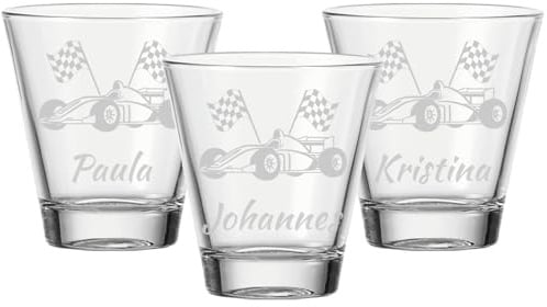 LUXENTU Kindergläser mit Gravur, Rennauto-Motiven, 215 ml, 3 Stück | Personalisierte Wassergläser für Car-Fans mit eigenem Namen, Spülmaschinenfest