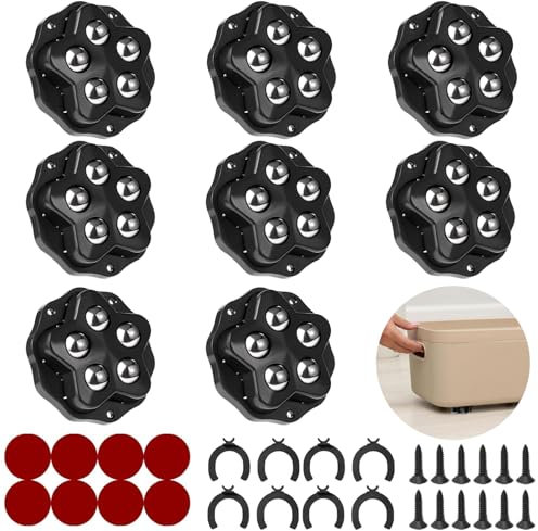 STOAT®mini roulettes pour meubles.8 roulettes à 5 billes chacune, capacité 300KG, avec adhésif et vis. Roue mobile universelle 360, roulette de meuble pour charges lourdes (Noir : 8 Pièces)