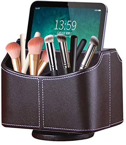 XNONE Pu Leather Remote Control Holder with 5 Compartments,360 Degrees Rotatable Desktop Supply Organizer for Pen,TV Control,Phone,Mini IPad Notebook,Eyeglasses,Makeup Brush Storage Box (Brown)