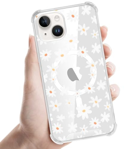 Coiwxmoi Magnetisch Hülle für iPhone 14/iPhone 13 [Kompatibel mit MagSafe], Blumen Design Transparent Handyhülle mit Aesthetic Muster, Motiv Klare Case Süßes Schutzhülle für iPhone 13 6,1''- Blume 04
