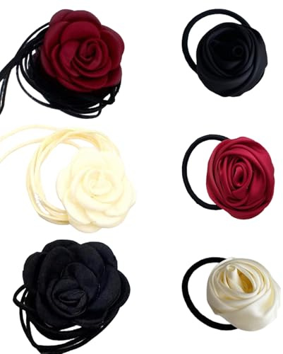 Eterspr 3 Pezzi Collana Girocollo Fiore Donna con Rosa, Collana Girocollo Con Rosa, 3 Elastici Capelli Ragazze, Perfetto per Wedding Bride Party Compleanno per le Donne Ragazze