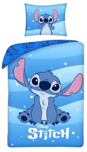 Disney Stitch – Bettwäsche-Set für Einzelbett, wendbar, 140 x 200 cm und Kissenbezug 70 x 90 cm, Blau, 100 % Baumwolle, OEKO-TEX