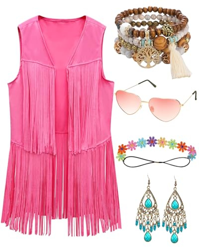 kasahara Hippie Kostüm Damen, 60er 70er Jahre Hippie Kleidung Fransenweste Hippie Accessoires Stirnband Brille Kette Armband für Schlagermove Faschingskostüme Festival Outfit