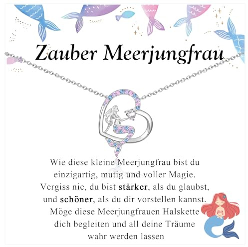 FAOMZQ Meerjungfrau Kette für Mädchen - Silber, Zirkonia, Edelstahl - Geschenk für Tochter, Schwester, Enkelin, Nichte - Kommunion, Geburtstag, Weihnachten, Einschulung, Schulanfang, Abschluss