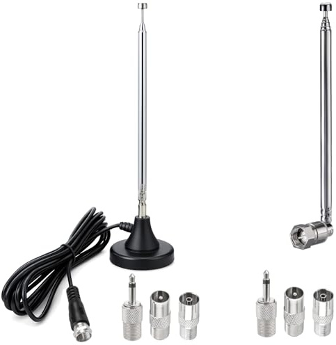 Minadax Radio & TV - 8 teiliges Teleskop Antennen Set mit Magnetfuß & Standard-Basis – DVB-T/T2, DVB-C, FM & DAB - 3 m Kabel - 6 Adapter – Universeller digitaler & analoger Empfang