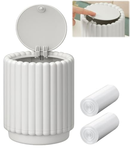 Rosqmor Tischmülleimer mit Deckel, Klein Mülleimer mit 2 Müllbeuteln, Mini Tischabfalleimer mit Klappdeckel für Esstische, Küchen, Schreibtische, Schlafzimmer, Grauweiß