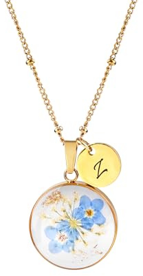 Inicial de Flor de nomeolvides prensada Hecha a Mano - Colgante de Resina Real Regalo de joyería Personalizado para Mujeres Elegante Recuerdo botánico