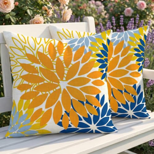 Luzzxfa 2er Set Outdoor Kissenbezug 40x40 cm Wetterfest Dahlien Dekokissen Zweiseitiges Muster Gelb Blumen Sofakissen Modern Kissen Leinen Kissenbezüge Dekorative für Sofa Garten Balkon Camping